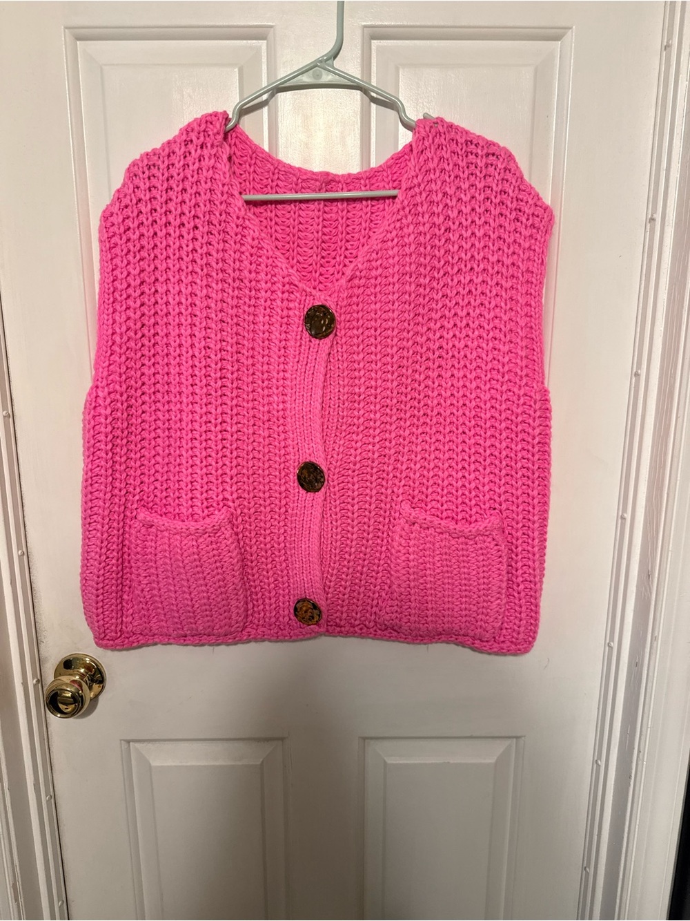 Chunky Knit Button-Front Sweater Vest in Bright Pink